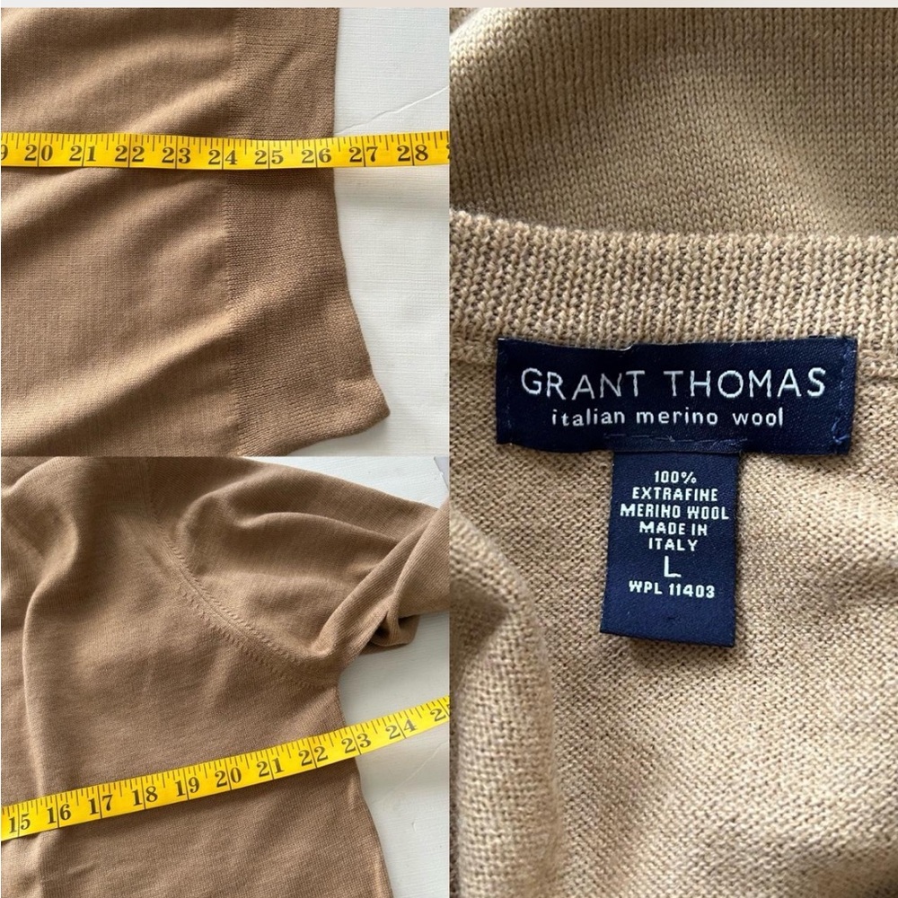 1990s Vintage Grant Thomas V neck sweater 100% Extra Fine Merino Wool Tan. - Picture 8 of 8